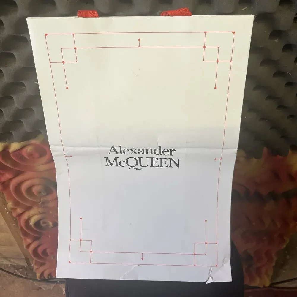 Alexander McQUEEN Designer Medium Cream Paper Gift Bag Shopping Tote Red Ribbon
